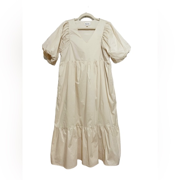 Balloon Sleeve Midi Dress, with side pockets and double layer. - Picture 4 of 9